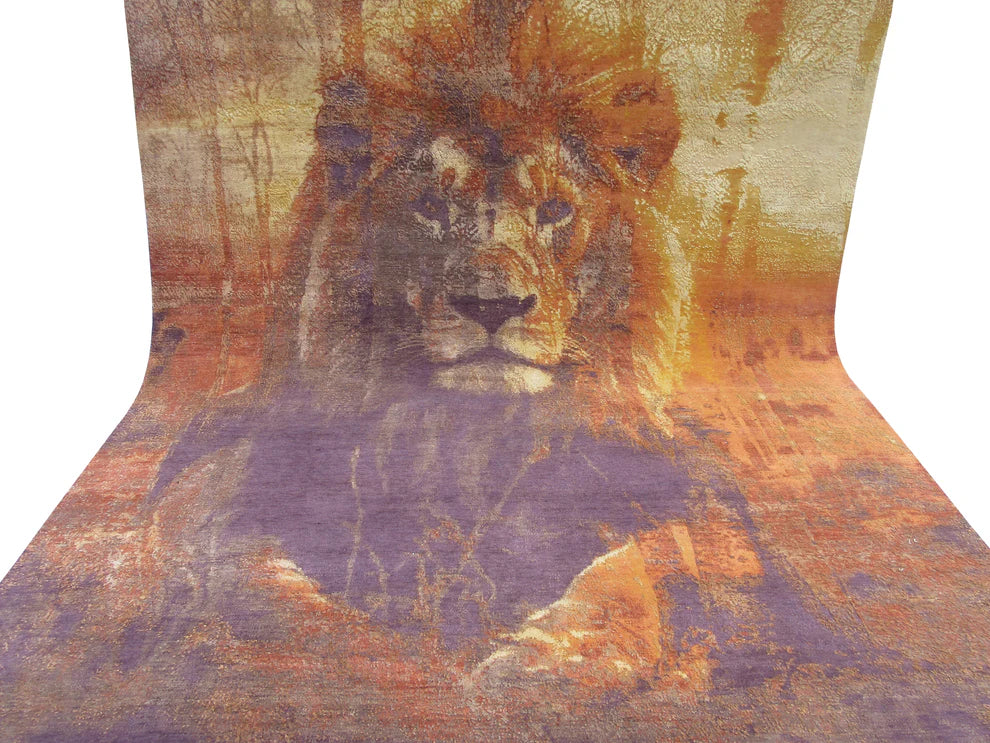 Majestic Lion Design Handmade Silk Rug