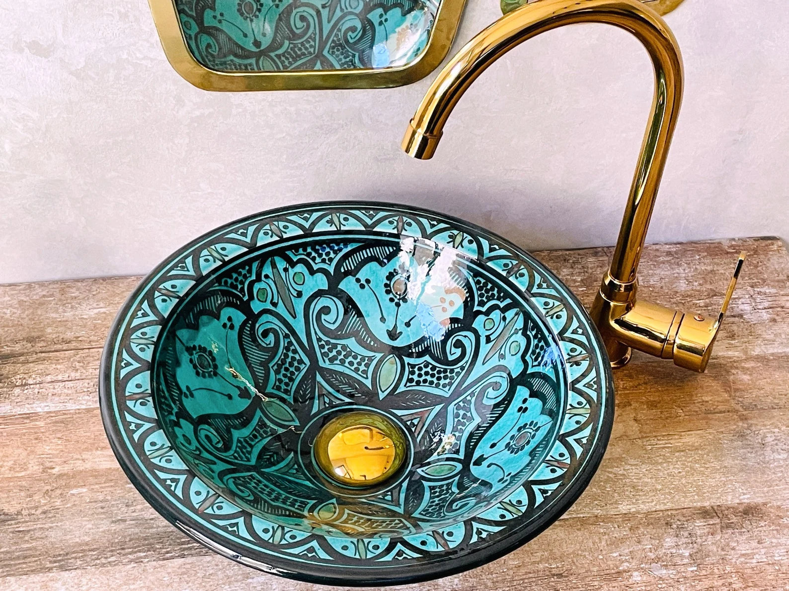 Handmade Moroccan Ceramic Sink β Artisan Vessel Basin, Hand Painted Boho Washbasin, Rustic Bathroom Decor, Turquoise Pottery Lavabo