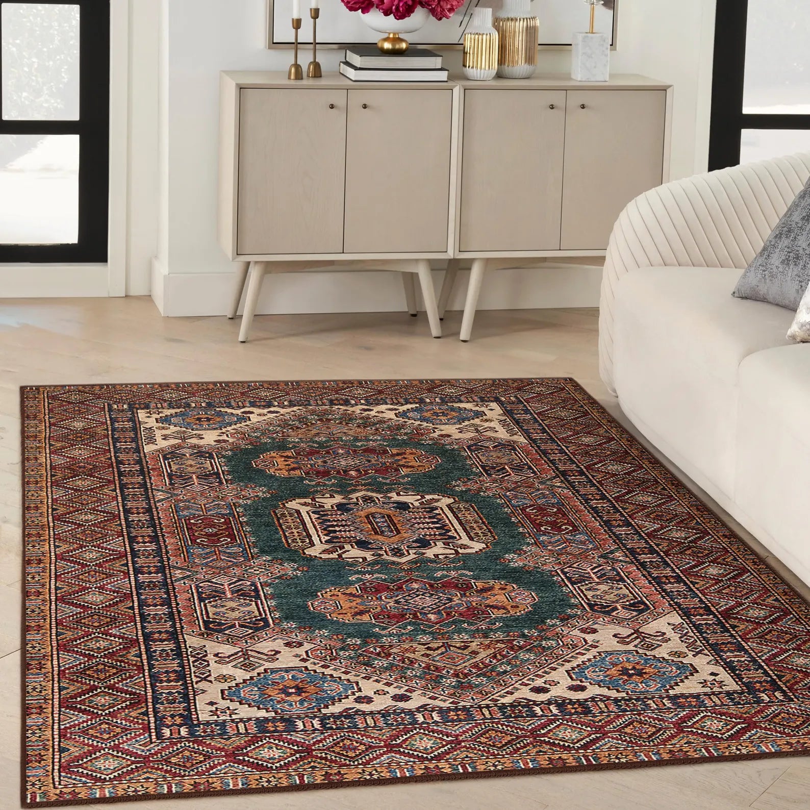 Kilim Medallion Area Rug -Intricate Geometric Motifs Mat-Teal Persian Carpet-Afghan Inspired Throw Rug-Traditional Bohemian Floor Accent Rug