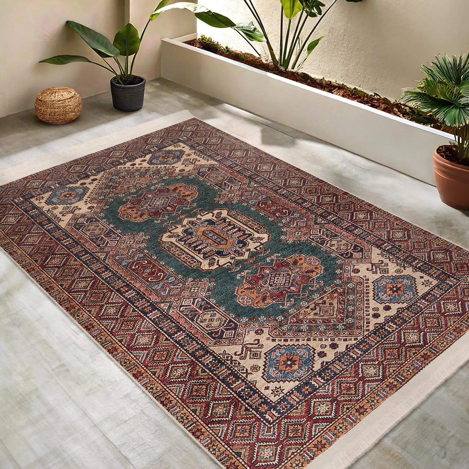 Kilim Medallion Area Rug -Intricate Geometric Motifs Mat-Teal Persian Carpet-Afghan Inspired Throw Rug-Traditional Bohemian Floor Accent Rug