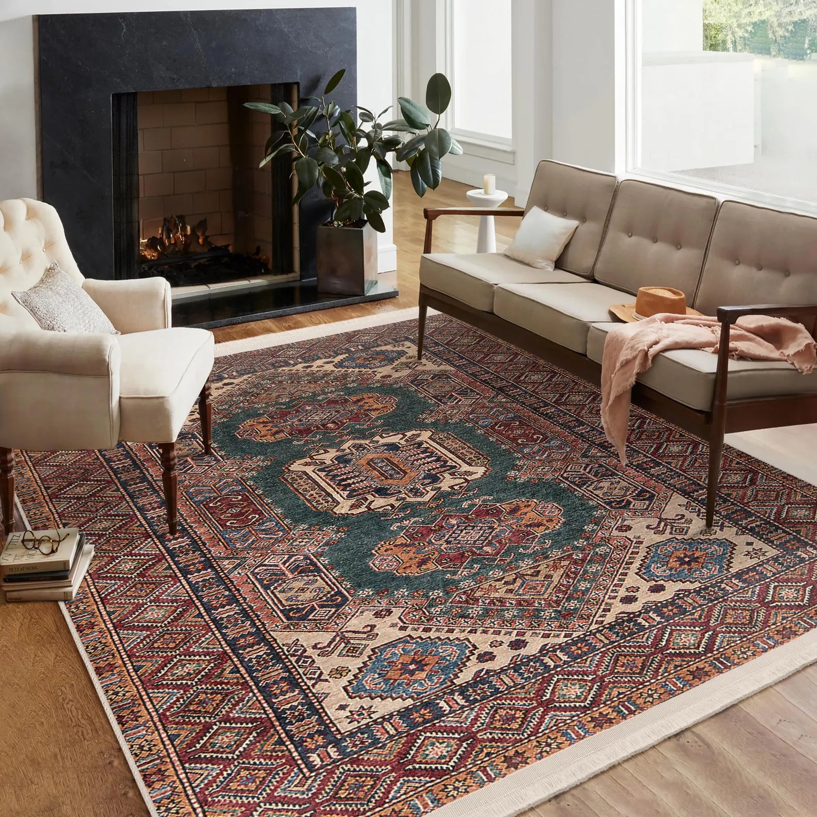 Kilim Medallion Area Rug -Intricate Geometric Motifs Mat-Teal Persian Carpet-Afghan Inspired Throw Rug-Traditional Bohemian Floor Accent Rug