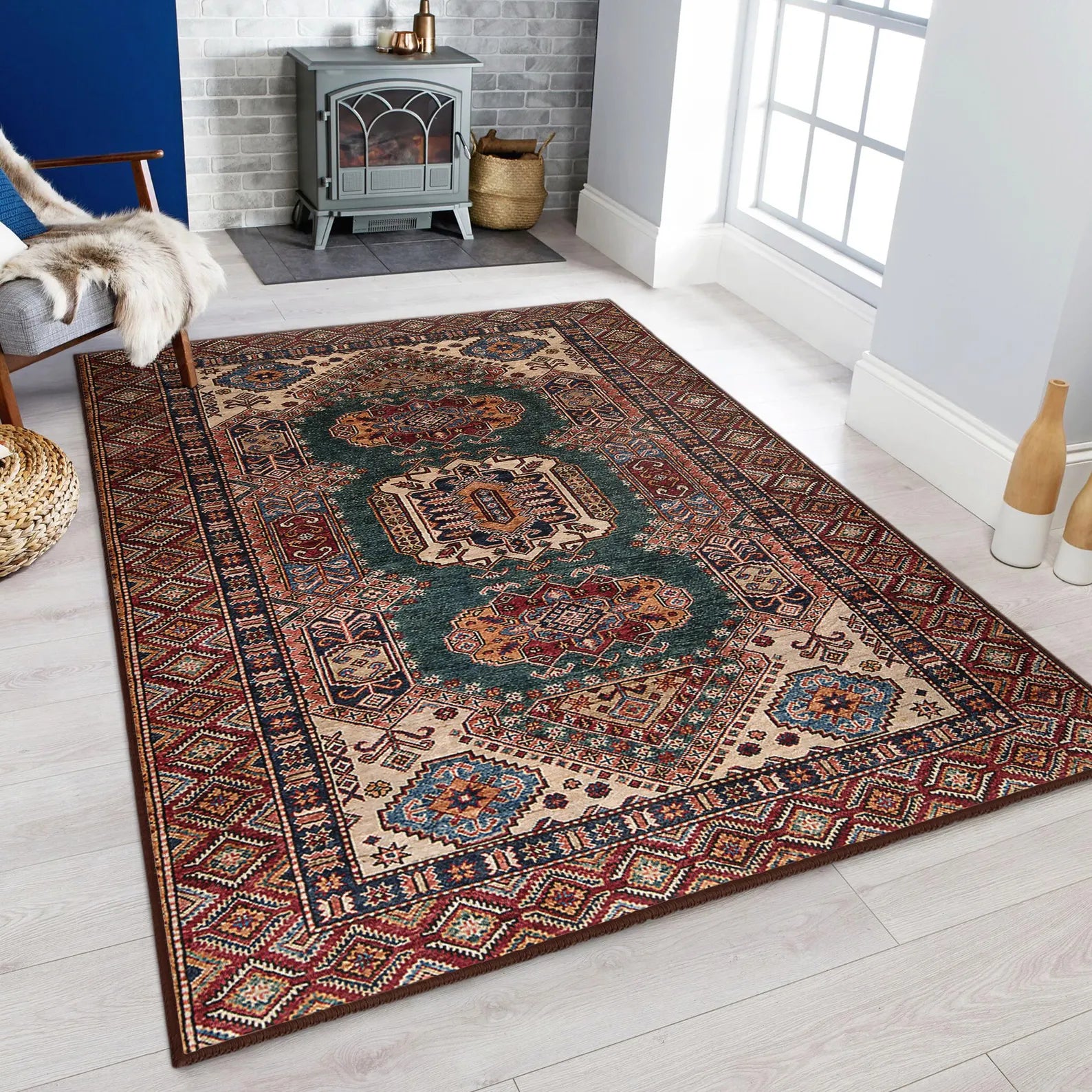 Kilim Medallion Area Rug -Intricate Geometric Motifs Mat-Teal Persian Carpet-Afghan Inspired Throw Rug-Traditional Bohemian Floor Accent Rug