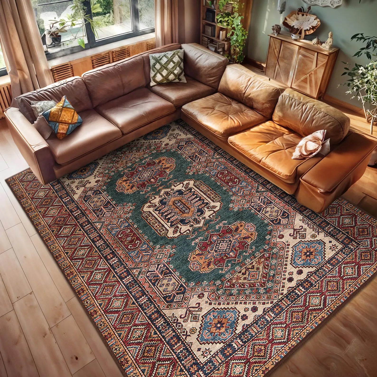 Kilim Medallion Area Rug -Intricate Geometric Motifs Mat-Teal Persian Carpet-Afghan Inspired Throw Rug-Traditional Bohemian Floor Accent Rug