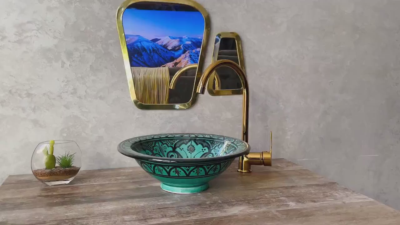 Load video: Handmade Moroccan Ceramic Sink β Artisan Vessel Basin, Hand Painted Boho Washbasin, Rustic Bathroom Decor, Turquoise Pottery Lavabo