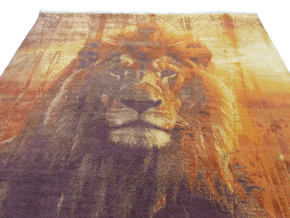 Majestic Lion Design Handmade Silk Rug