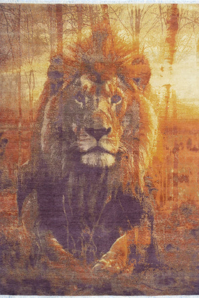 Majestic Lion Design Handmade Silk Rug