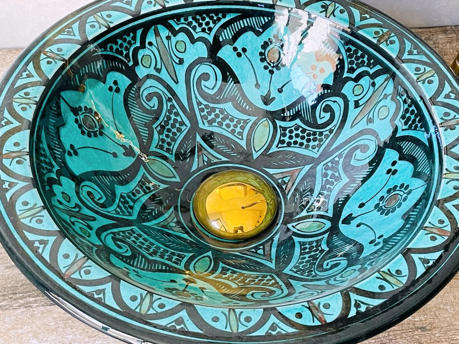 Handmade Moroccan Ceramic Sink – Artisan Vessel Basin, Hand Painted Boho Washbasin, Rustic Bathroom Decor, Turquoise Pottery Lavabo