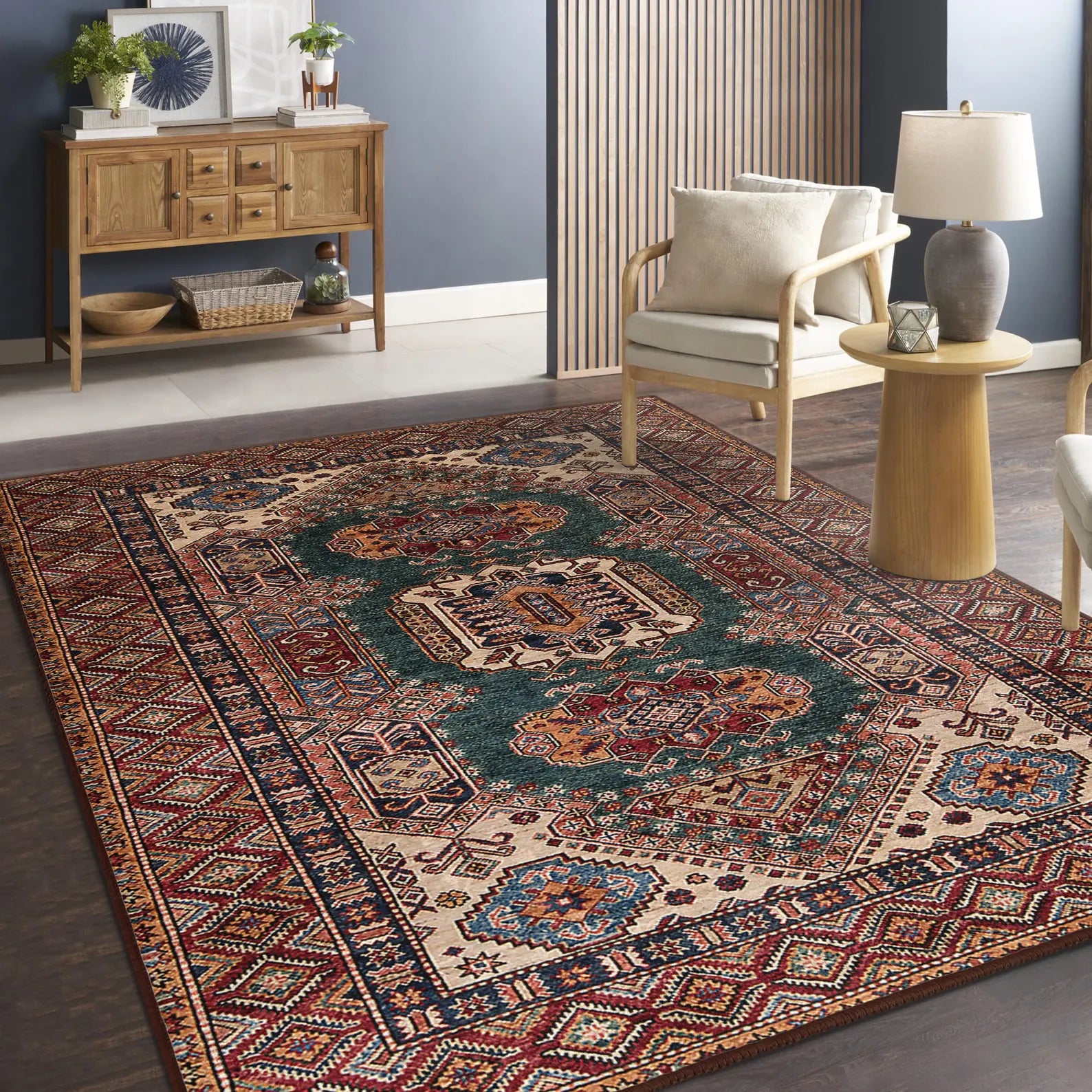 Kilim Medallion Area Rug -Intricate Geometric Motifs Mat-Teal Persian Carpet-Afghan Inspired Throw Rug-Traditional Bohemian Floor Accent Rug