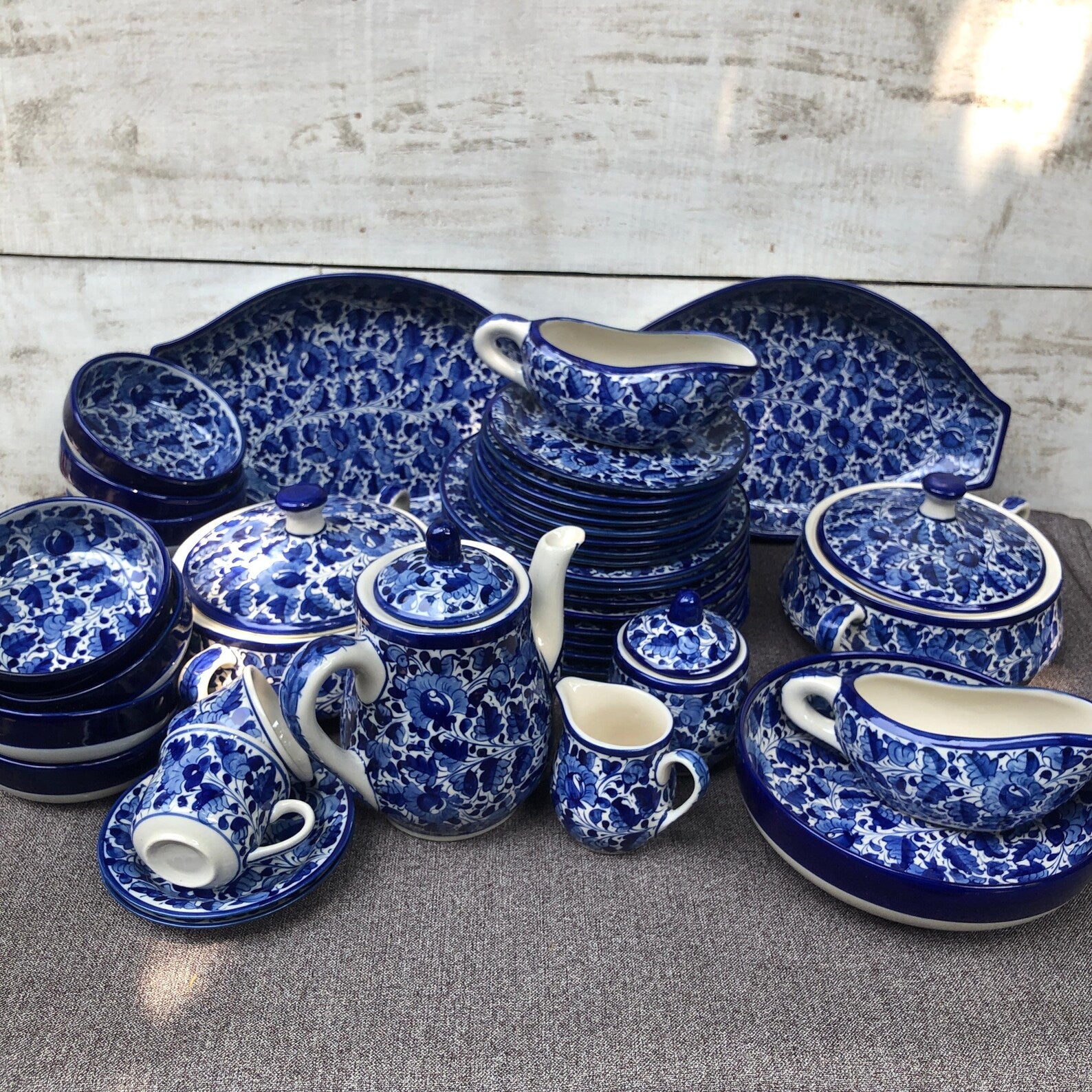 Handmade Blue Pottery Dinnerware Tea Set: Palestinian Hebron & Multani Floral Style