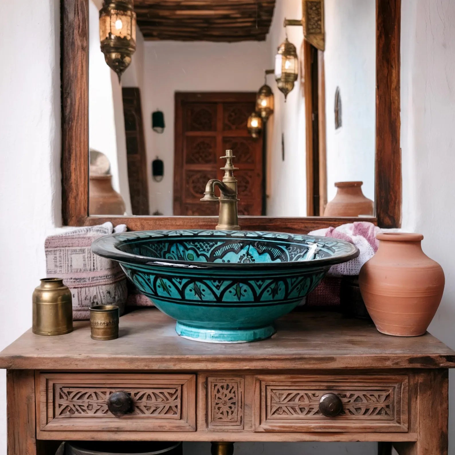 Handmade Moroccan Ceramic Sink – Artisan Vessel Basin, Hand Painted Boho Washbasin, Rustic Bathroom Decor, Turquoise Pottery Lavabo