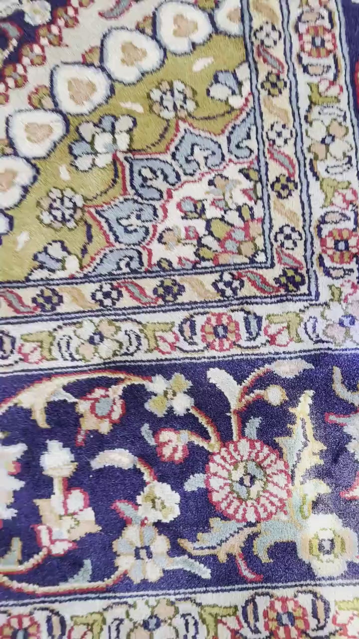 Load video: 6x9 ft Royal Carpet, Handmade Rugs, Real Silk carpet, Palace rugs, Designer carpet, Made in Kashmir, Oriental designs, Living room carpets